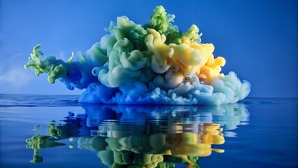 A mesmerizing burst of vibrant blue, green, and yellow hues unfolds, creating a dynamic abstract cloud reflected perfectly on a calm, serene surface
