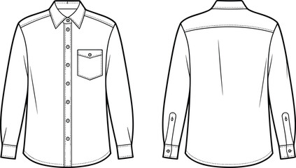 Long sleeve button-up shirt technical drawing, flat vector, apparel fashion sketch, garment design template, front and back shirt view