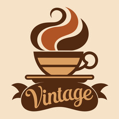 Obraz premium Vintage Coffee Cup Logo with Steaming Aroma and Retro Ribbon Design