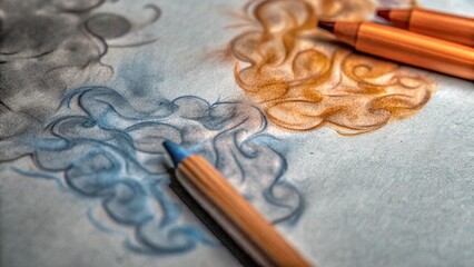 A close-up view of abstract, flowing designs in blue, orange, and grey, sketched on textured paper with colored pencils lying nearby, illustrating the artistic process and creativity