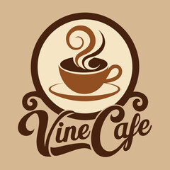 Obraz premium Vine Cafe Logo with Steaming Coffee Cup and Elegant Swirls