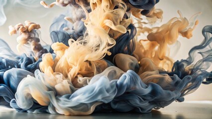 A mesmerizing abstract dance of cool blue-grey and warm beige liquid plumes, swirling and diffusing in harmony, creating an ethereal and dynamic visual against a light background