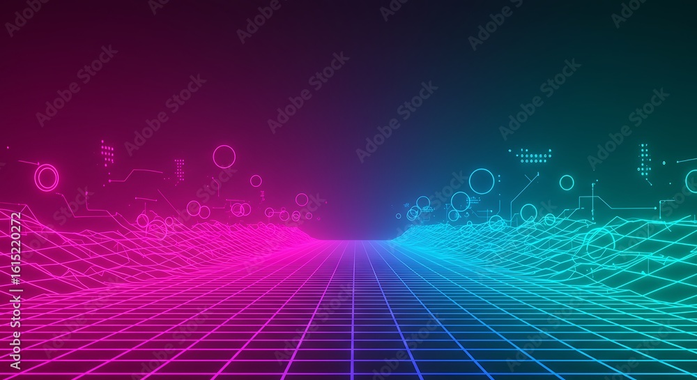 Poster futuristic digital landscape with a glowing neon grid and data visualization elements in a cyberspac