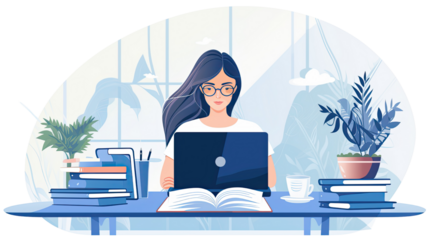 Young woman focused on studying at a desk with books open laptop and stationery for learning and education isolated on white background