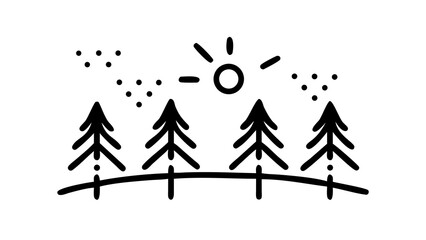 Minimalist line art illustration of a serene forest landscape with four stylized conifer trees, a shining sun, and subtle dotted clouds, perfect for clean and simple design concepts.

