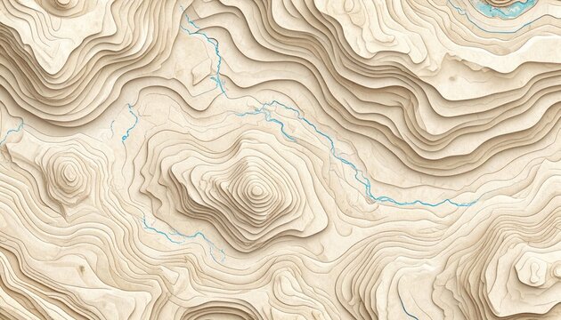 Detailed Layered Topography Map in Beige and Blue Tones Depicting Terrain and Contours
