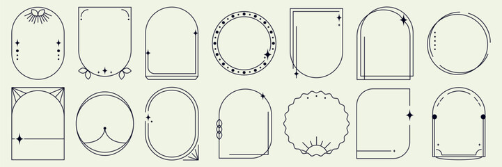 Oval boho frame with line and arch borders. Minimal shapes, stars. Abstract magic figures collection.