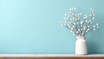 Minimalist composition featuring a white ceramic vase filled with delicate, white-berried branches against a soft teal background, resting on a distressed wooden surface