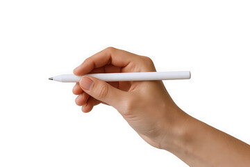 A close-up of a hand holding a white pen, showcasing elegance and creativity, set against a clean background.