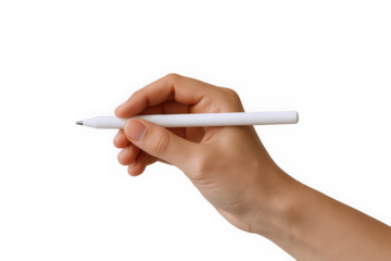 A close-up of a hand holding a white pen, showcasing elegance and creativity, set against a clean background.