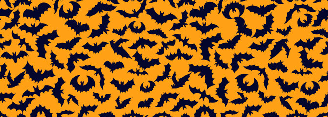 Seamless pattern Halloween bats cloud. Background hauntingly vector tile, featuring a nocturnal fly of winged vampire creature black silhouettes. Seamless pattern bats fly for holiday Halloween.