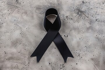 Black Awareness Ribbon on Textured Grey Background for Mourning and Support