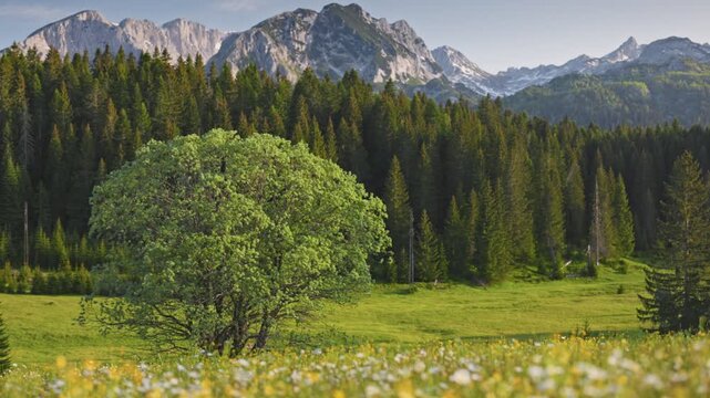 Scenic mountain landscape with blooming wildflowers in the foreground during early morning light. Montenegro, Durmitor National Park. Gimbal shot
