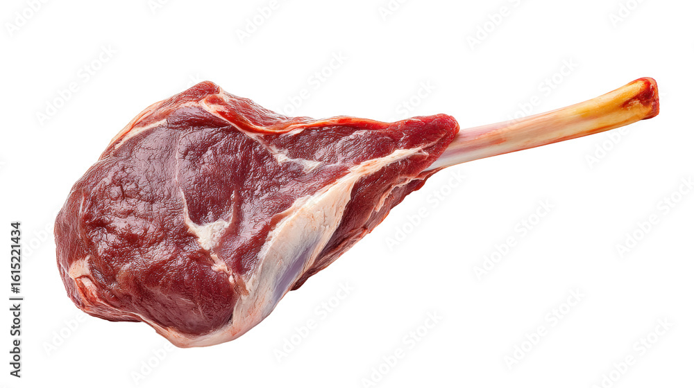 Poster raw lamb leg isolated on transparent background with fresh red meat and bone visible