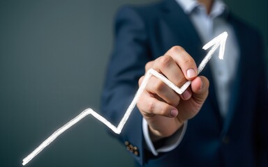 Businessman hand write growth arrow investment business success concept on financial background of finance profit graph or increase money market stock chart and digital development strategy economy.