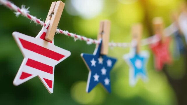 Line of clothes pegs holding star-shaped decorations for outdoor display or celebration