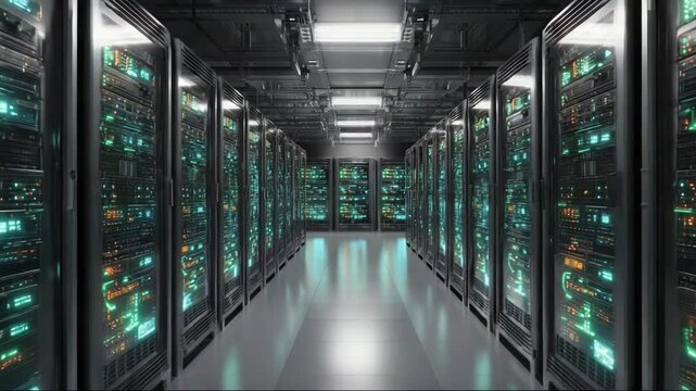 High-tech server room with illuminated data storage racks  