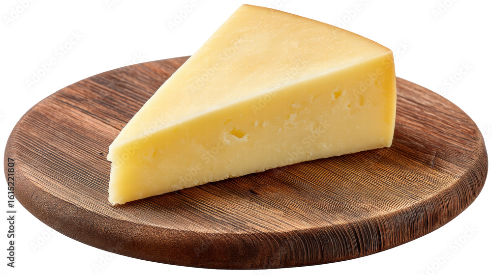 Poster piece of isolated cheese on wooden board with transparent background showing texture and color
