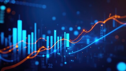 Financial data charts and diagrams showing positive market growth with lines and data points glowing brightly on a deep blue background