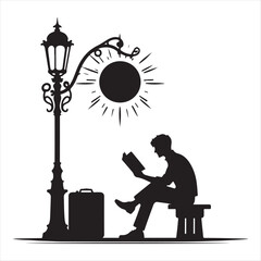 A traveler's silhouette reading a book under an ornate street lamp with a sun sign. Classic vector graphic.