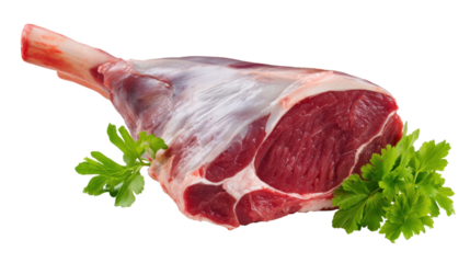 Raw lamb leg isolated on transparent background with fresh green parsley leaves