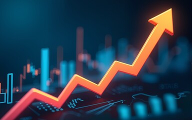 Increase business success growth arrow on financial market progress background with investment stock profit graph or finance strategy marketing digital chart and development economic achievement goal.