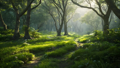 Naklejka premium Sun‑Dappled Forest Clearing with Twisting Tree Trunks and Ferns