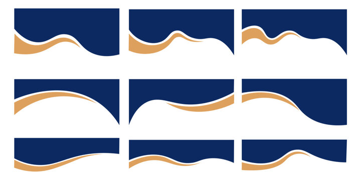 Blue Gold Wave Abstract Shape Border and Corner Frame Vector Set Collection. Decorative Elements Corners, Borders, and Frames.