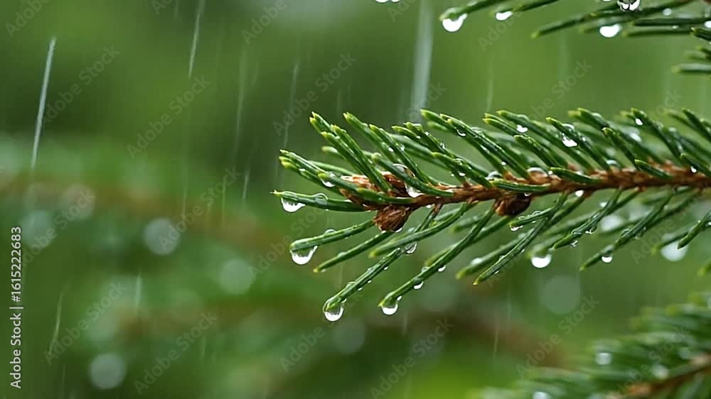 Poster evergreen branch in the rain with visible raindrops clinging to the needles background is blurred gr