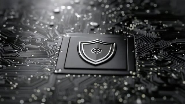 Circuit board with security shield symbol on black background  