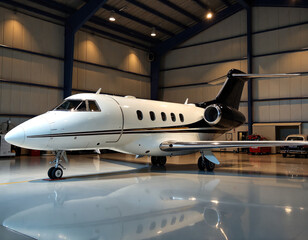 Luxury white private jet aircraft parked in modern hangar with polished reflective floor. Corporate aviation and executive travel concept for business transportation.
