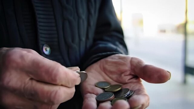Elderly Caucasian Male Counting Coins Outdoors in a Close-Up View - Powered by Adobe