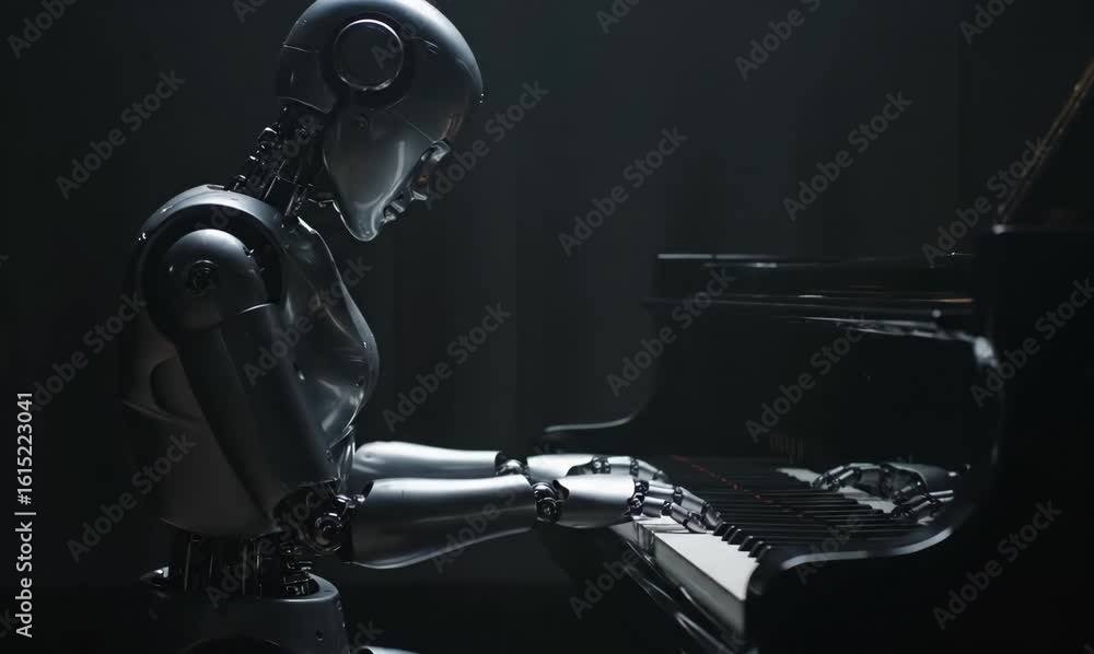Poster a sophisticated humanoid robot playing a grand piano in a dimly lit setting, representing artificial