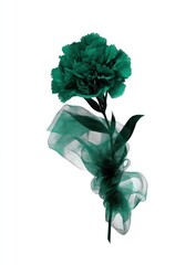 Emerald Bloom A single, vibrant green carnation accented with sheer fabric, creating a whimsical floral arrangement against a stark white background