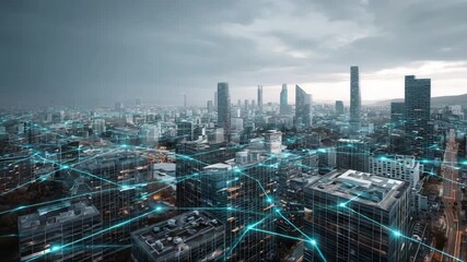 Aerial view of modern city with digital network connections, representing the concept of big data   - Powered by Adobe