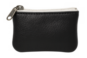 Black leather coin purse zipping closed, displaying compact design for securely holding coins and bills against transparent backdrop