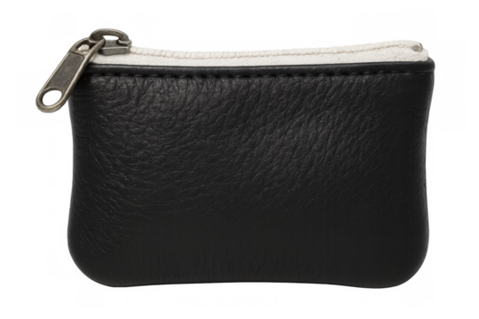 Black leather coin purse zipping closed, displaying compact design for securely holding coins and bills against transparent backdrop