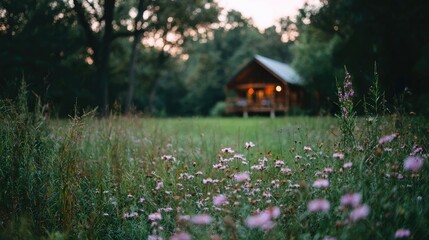 Rustic cabin nestled amidst wildflowers.