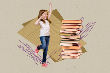 Exclusive artwork banner creative collage of happy small school girl stand book stack literature lesson library pupil education
