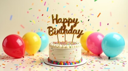 cake with 3d happy birthday text with baloons, confetti, plain background