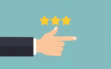 Customer hand review feedback five star rating service or product quality positive ranking background of best evaluation user experience success business rate and finger point satisfaction 5 score.