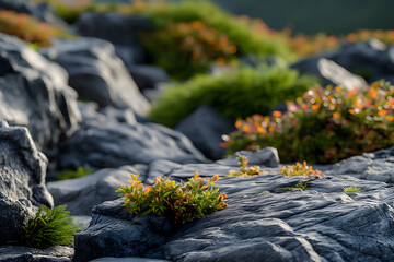 Rustic rock formation featuring seasonal foliage and warm lighting atmosphere