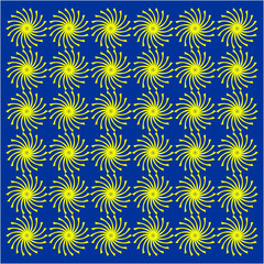 A seamless array of vibrant yellow spirals radiates like miniature suns against a bold blue background, creating rhythmic energy and dazzling repetition.