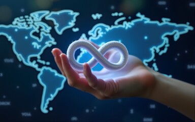 Hand holding endless infinity sign of virtual reality metaverse digital innovation game or internet future online simulation media cyber and world communication on connection technology 3d background.