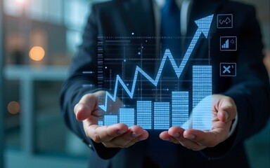 Businessman holding investment finance chart stock market business and exchange financial growth graph virtual technology economy digital analysis on success background with marketing data diagram.