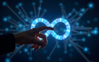 Hand pointing endless infinity sign of virtual reality metaverse digital innovation game or internet future online simulation media cyber and world communication on connection technology background.