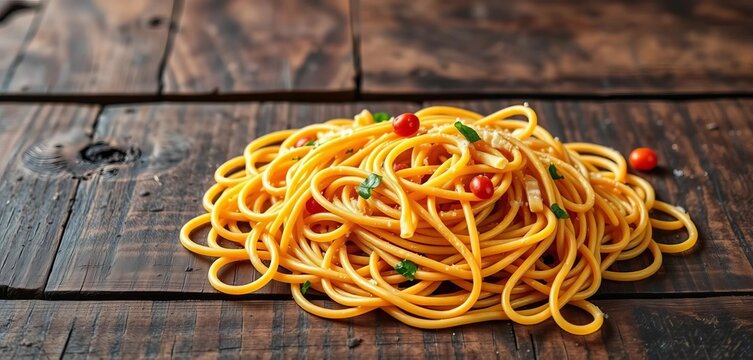Tangled spaghetti and macaroni on rustic wooden table,  kitchen,  top view