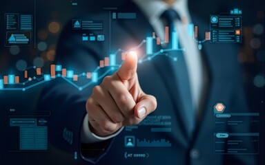 Businessman hand pointing finger to growth success finance business chart of metaverse technology financial graph investment diagram on analysis stock market background with digital economy exchange.