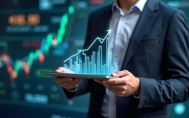 Businessman holding stock tablet and market economy graph statistic showing growth of profit analyzing financial exchange on increase digital money background with trade chart finance data concept.