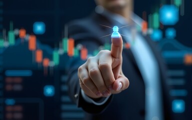 Businessman hand pointing finger to growth success finance business chart of metaverse technology financial graph investment diagram on analysis stock market background with digital economy exchange.